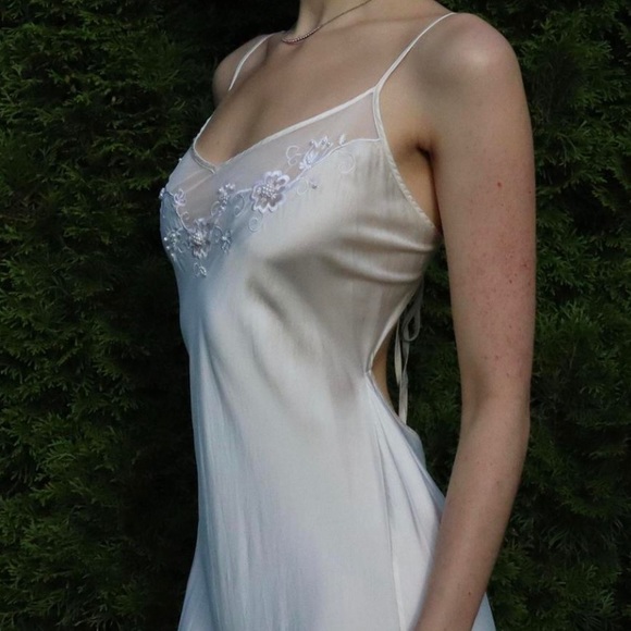 Vintage Y2K Backless 100% Silk Dress Mesh Bodice Beaded Silk Dress - Picture 2 of 16